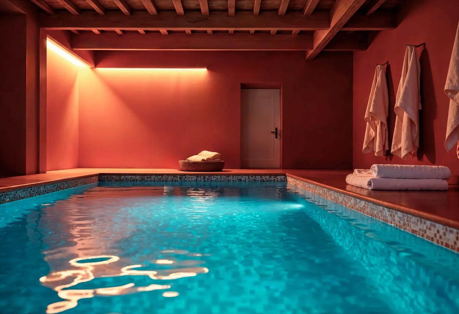 Piscine intérieure dans un spa avec serviettes et éclairage tamisé