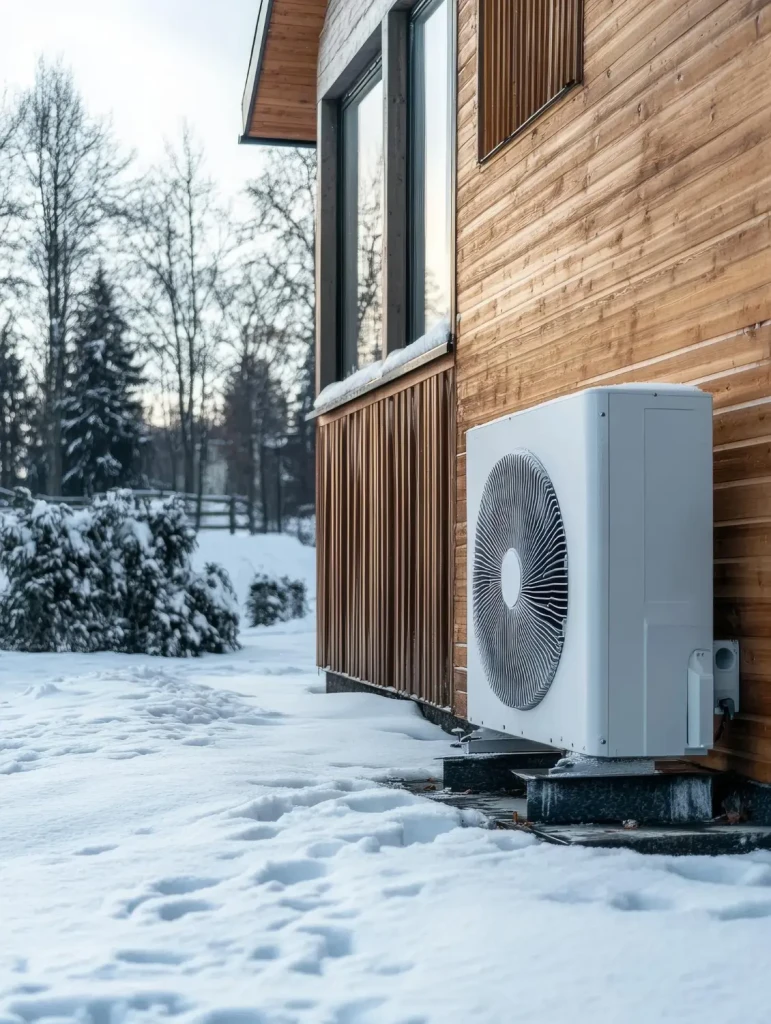 Pompe à chaleur extérieure en fonctionnement pendant l’hiver sur une maison en bois