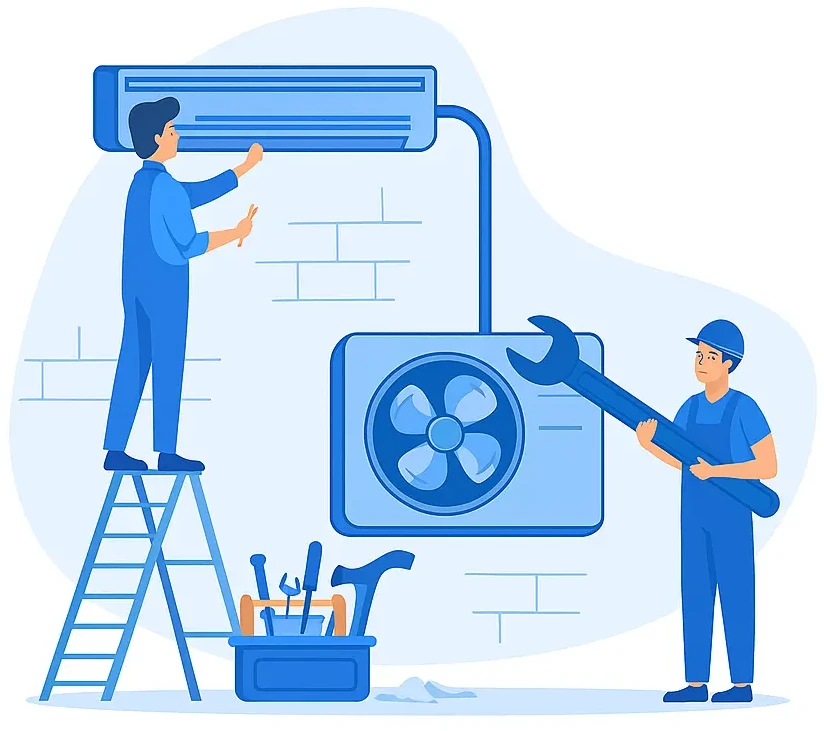 Illustration vectorielle de deux techniciens en bleu installant une unité de climatisation murale