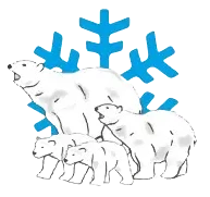 Logo représentant une famille d’ours polaires devant un flocon de neige bleu
