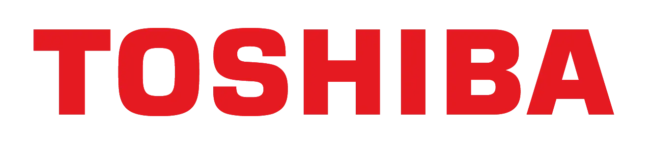 Logo officiel Toshiba en rouge, spécialiste en électronique et climatisation
